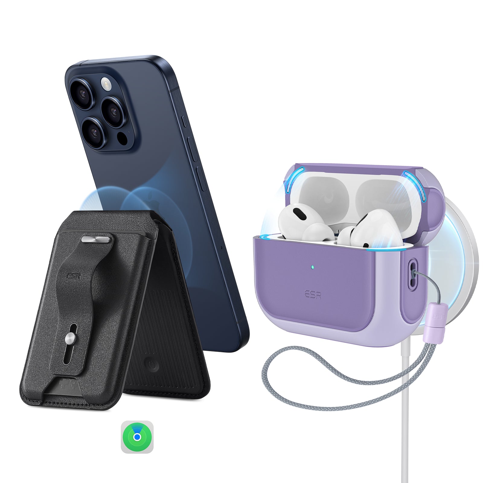 airpods pro magsafe case and magsafe wallet with find my purple