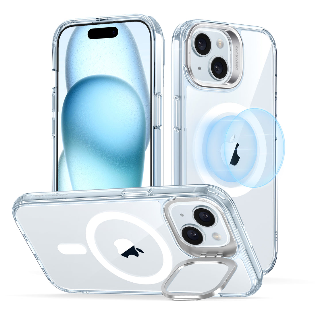 iPhone 15 Plus Classic Hybrid Case with Stash Stand HaloLock clear blue 01