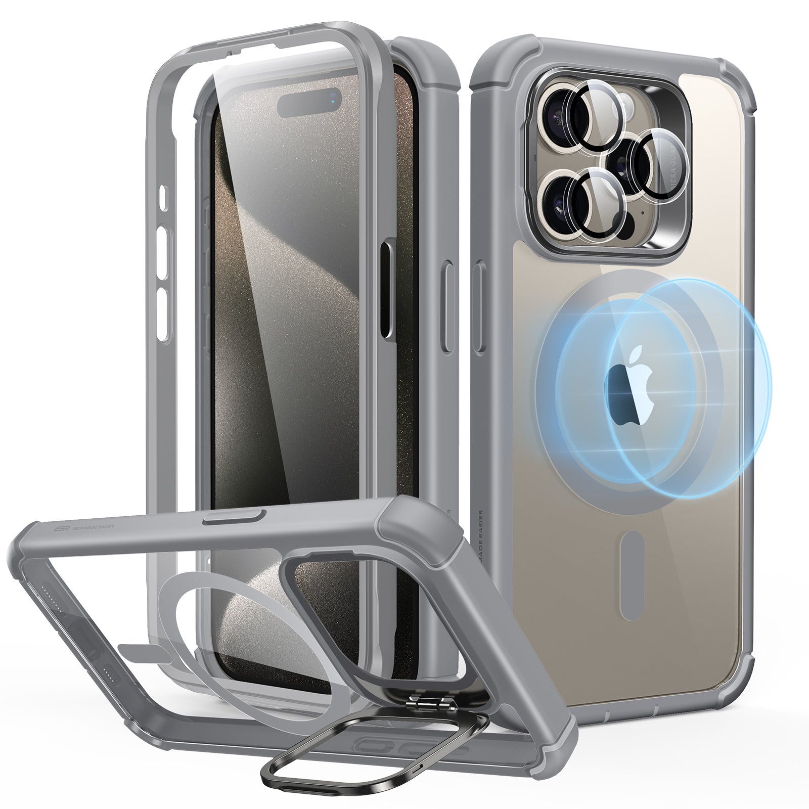 iPhone 15 Pro Armor Tough Case with Stash Stand HaloLock clear grey 01