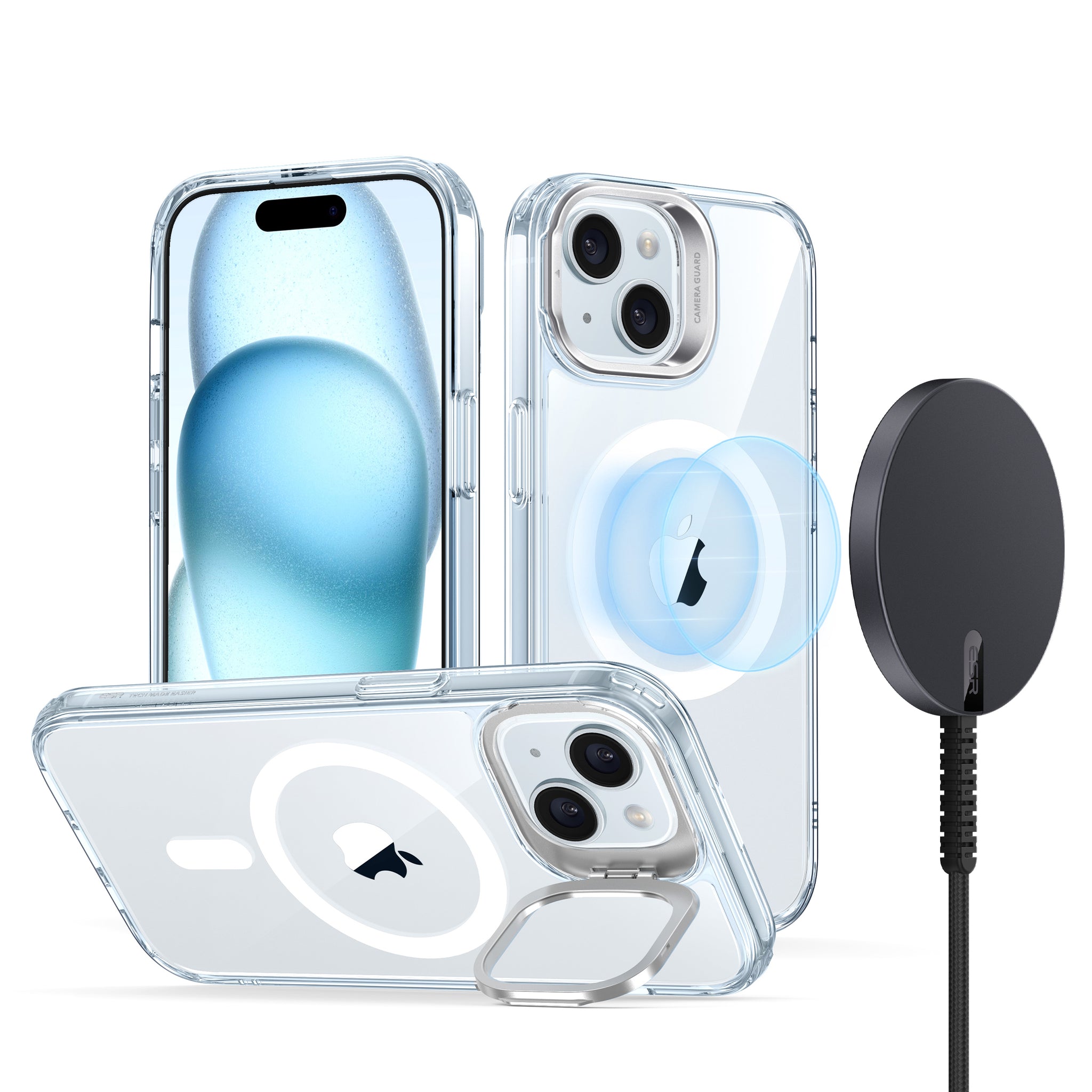 iPhone 15 case and Qi2 wireless charger Clear Blue