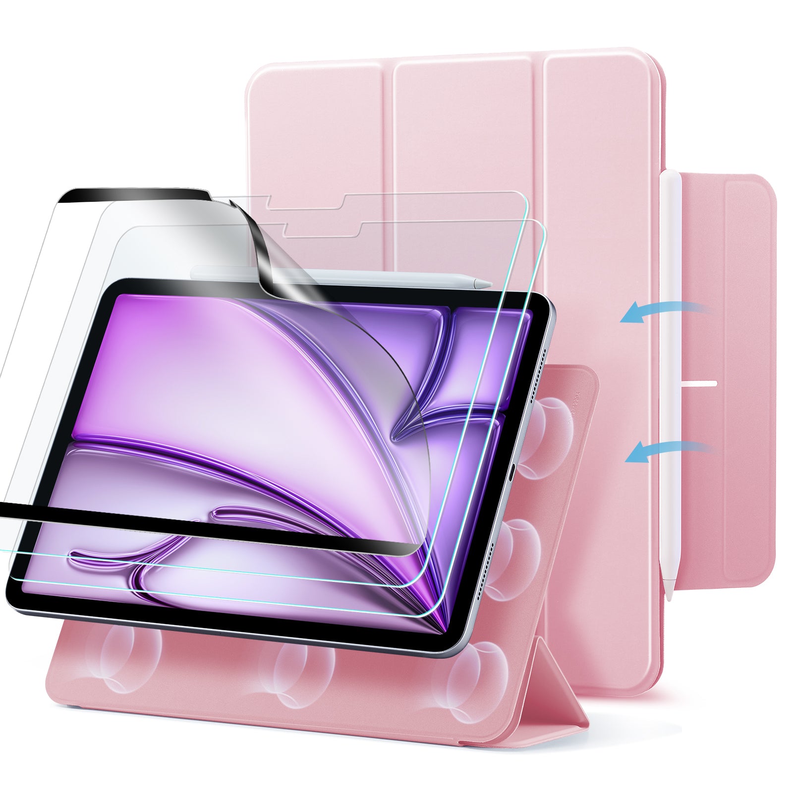 ipad air 13 inch magnetic folio case with magnetic paper feel and tempered glass screen protectors pink