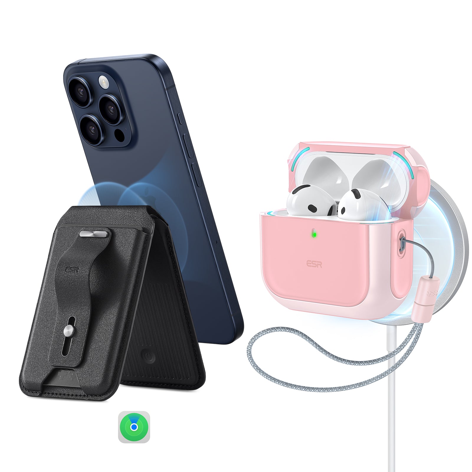 pink airpods 4 magsafe case and magsafe wallet with find my 1