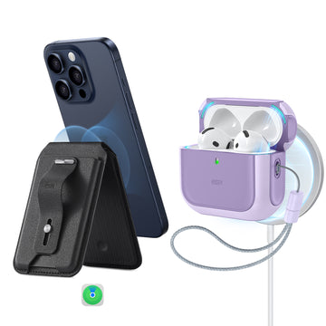 purple airpods 4 magsafe case and magsafe wallet with find my 1